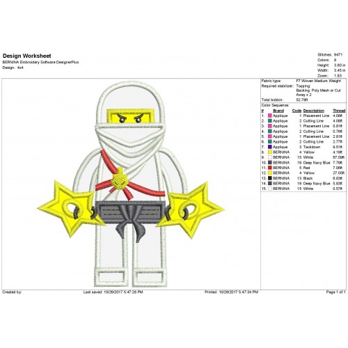 Zane Lego Ninjago Applique Design