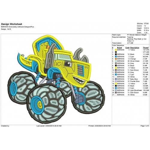 Zeg The Dinosaur Truck Monster Truck Filled Embroidery